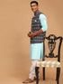 Vastramay Men's Black Ikkat Printed Cotton Nehru Jacket With Aqua Blue Kurta And White Pyjama Set